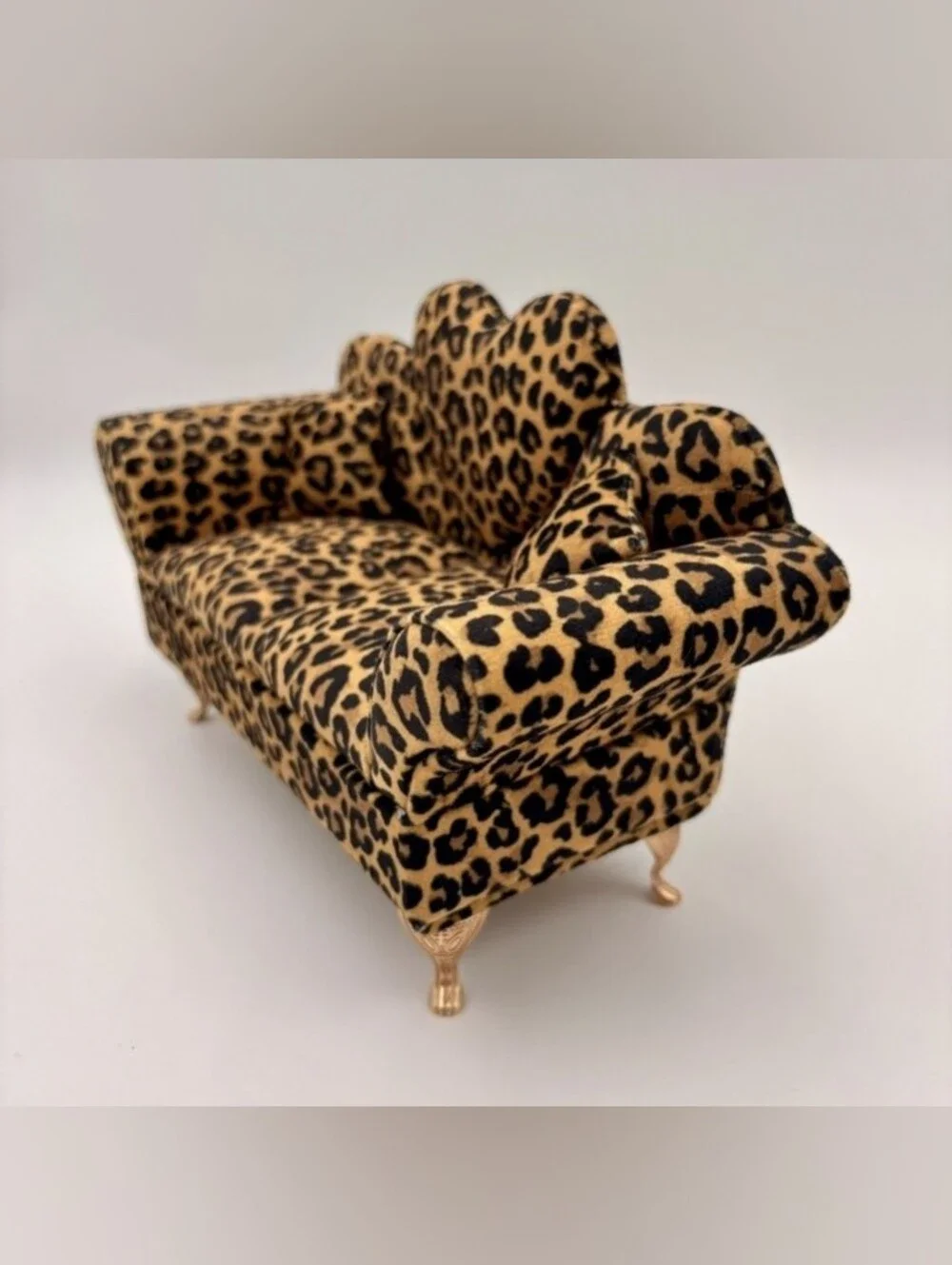 Leopard Print Sofa Jewelry Box Heart Back Miniature Couch Mirror Gold Legs
